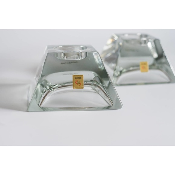Vintage La Vida Made in Poland Pair of Pyramid Shaped Glass Tea Light Holders - Picture 1 of 8